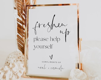 Minimalist Freshen Up Sign Template, Wedding Bathroom Sign, Bathroom Basket Sign, Ladies Bathroom Sign, Modern Wedding, Instant Download M15