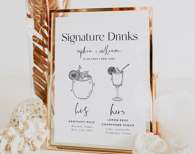 Signature Drink Sign Template, Minimalist Wedding, Modern Wedding, Signature Drink Sign, His and Hers Drink Bar Sign, Editable Template, M15