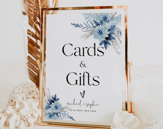 Dusty Blue Wedding Cards and Gifts Sign Template, Cards and Gifts Sign, Floral Bohemian Wedding, Printable Signs, Editable Template, F20