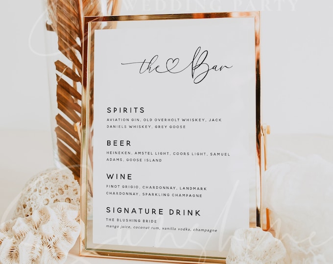 Wedding Bar Menu Template, Minimalist Bar Menu Sign, 5x7" 8x10" Wedding Sign, Modern Wedding Drink Sign, Printable Editable Template, M12