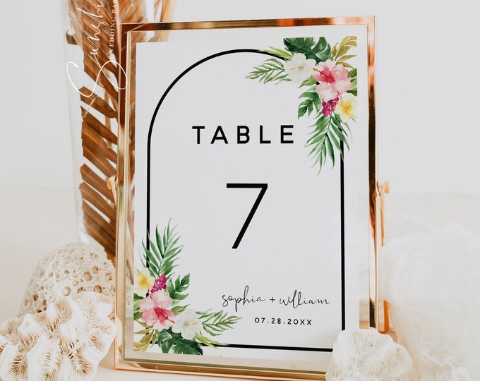 Hawaiian Wedding Table Numbers Template, Table Number Cards, Wedding Table Numbers, Printable Table Numbers, Modern Wedding Template, H1