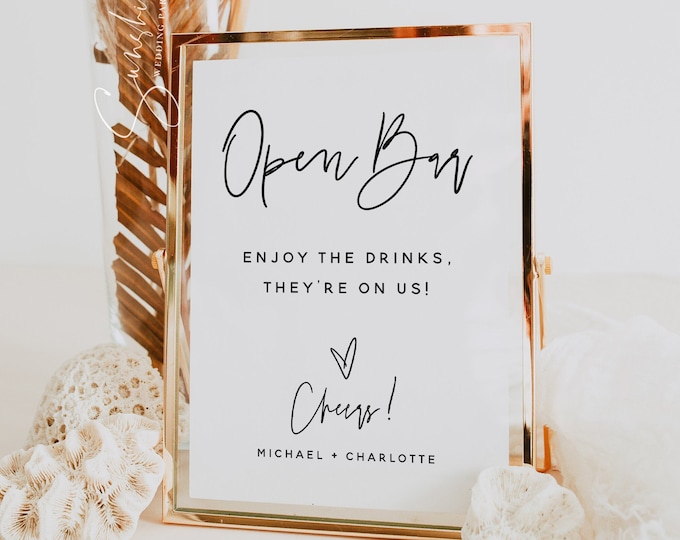 Minimalist Open Bar Sign, Modern Open Bar Sign, Wedding Open Bar Sign, Alcohol Drink Bar Sign, Editable Template, Instant Download, M7