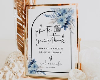 Dusty Blue Photo Guestbook Sign Template, Boho Wedding, Guest Book Sign, Floral Wedding, Guestbook Sign, Printable Sign, Editable Sign, F20