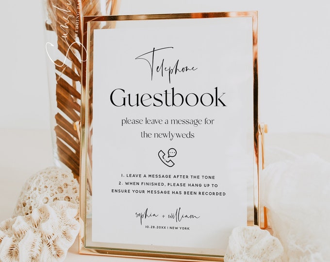 Telephone Guestbook Sign Template, Audio Guest Book Sign, Modern Elegant, Wedding Signs, Modern Minimalist, Editable Template, M15