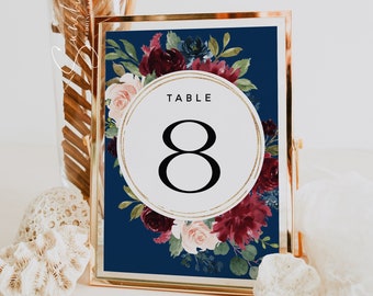 Wedding Table Number Signs, Navy Burgundy Wedding, Table Number Cards, Bohemian Wedding, Marsala Wedding, Editable Template, F17