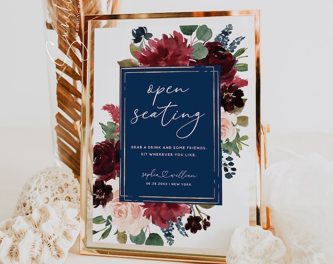 Open Seating Sign Template, Navy Burgundy Wedding Signs, Marsala Wedding Sign, Baby Shower Signs, Bridal Shower Signs, Instant Download, F17