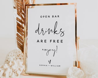 Open Bar Sign Template, Printable Open Bar Sign, Wedding Bar Sign, Alcohol Drink, Modern Wedding, Minimalist Wedding, Instant Download, M8