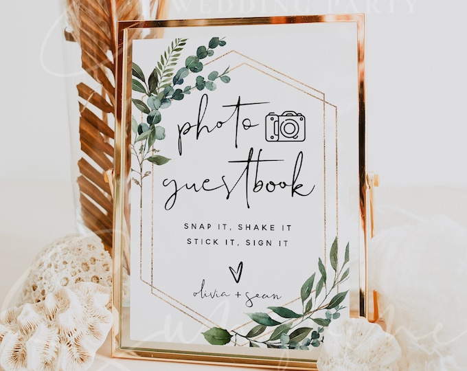 Photo Guest Book Sign, Greenery Wedding Photo Guestbook Sign, Photo Guestbook Printable, Personalized Wedding Guestbook Sign, Templett, G5