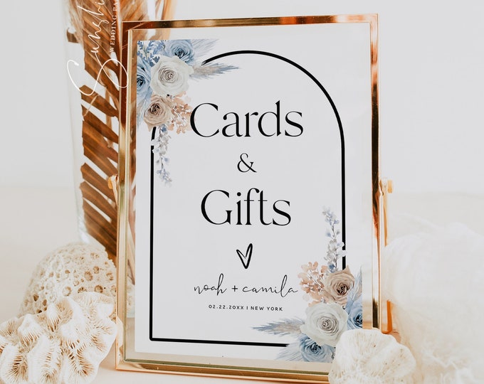Cards and Gifts Sign Template, Dusty Blue Champagne Wedding, Cards and Gifts Sign, Bohemian Wedding, Editable Template, Printable Signs, F23