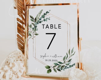 Greenery Wedding Table Number Sign Template, Printable Wedding Table Number Card Template, Editable Template, Instant Download, Templett, G5