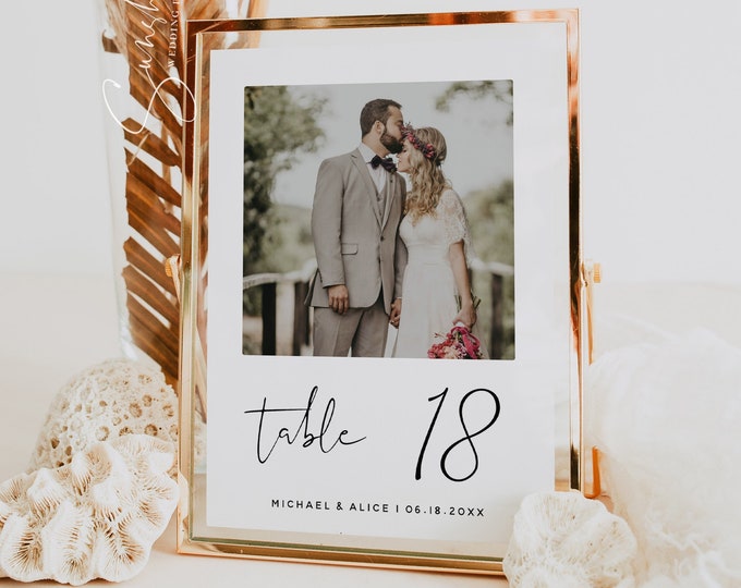 Minimalist Wedding Table Numbers with Photos Template, Digital Download, Editable, Photo Table Numbers, Wedding Table Numbers, 5x7, 4x6, M8