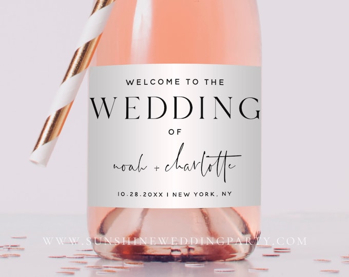 Mini Champagne Bottle Label Template, Elegant Wedding, Modern Minimalist, Wedding Mini Wine Labels, Printable labels, DIY Editable, M15
