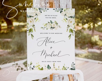 White Floral Wedding Welcome Sign Template, Printable Welcome Sign, 100% Editable Sign, Rustic Wedding Sign, Instant Download, Templett, F7