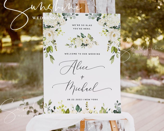 White Floral Wedding Welcome Sign Template, Printable Welcome Sign, 100% Editable Sign, Rustic Wedding Sign, Instant Download, Templett, F7