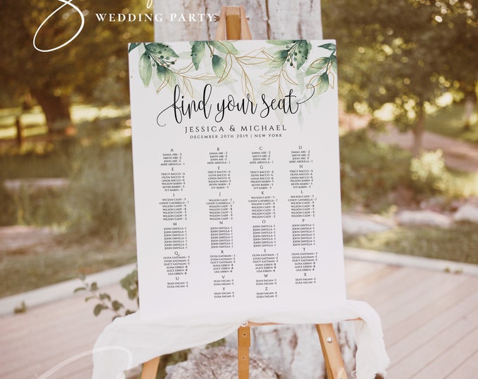 Alphabetical Seating Chart Template Greenery Wedding Seating Chart Printable Seating Chart Sign Editable Seating Wedding Seating Templett G1