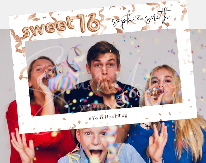 Sweet 16 Photo Booth Frame | Editable Party Prop Template | Rose Gold Confetti | Templett | Balloon Design | Printable Selfie Frame
