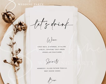 Modern Drink Menu Template, Minimalist Wedding Dinner Drink Menu, Printable, Digital Download, Reception Dinner Menu, 100% Editable, DIY, M3