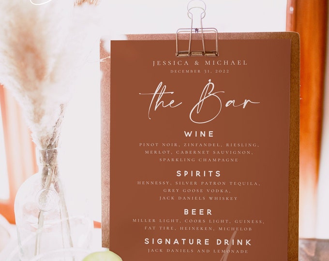 Terracotta Wedding Bar Sign Template, Modern Menu Bar Sign Template, Instant Download, Editable Bar Sign, Wedding Sign, Menu Bar Sign, T1