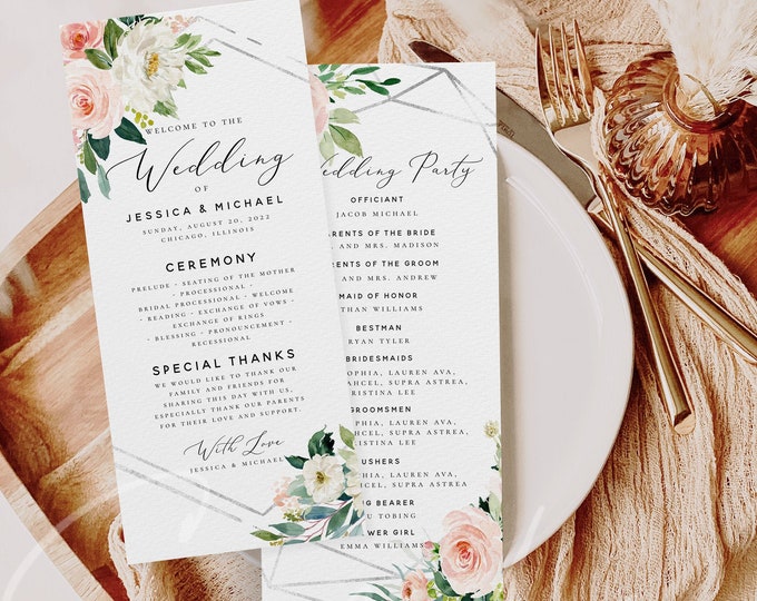 Wedding Program Template Ceremony Program Template Boho Blush Floral Program Template INSTANT DOWNLOAD Fully Editable Printable Templett F5B