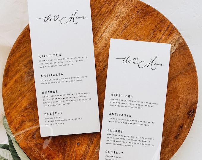 Wedding Menu Template, Minimalist Wedding Menu Cards, Modern Wedding Menu, Printable Wedding Menu, Simple Menu Template Instant Download M12