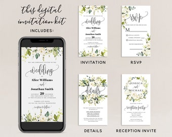 Electronic Wedding Invitation Kit Template, Digital Invitation Suite, White Floral Wedding Invitation Template, Editable Invite, Templett F7