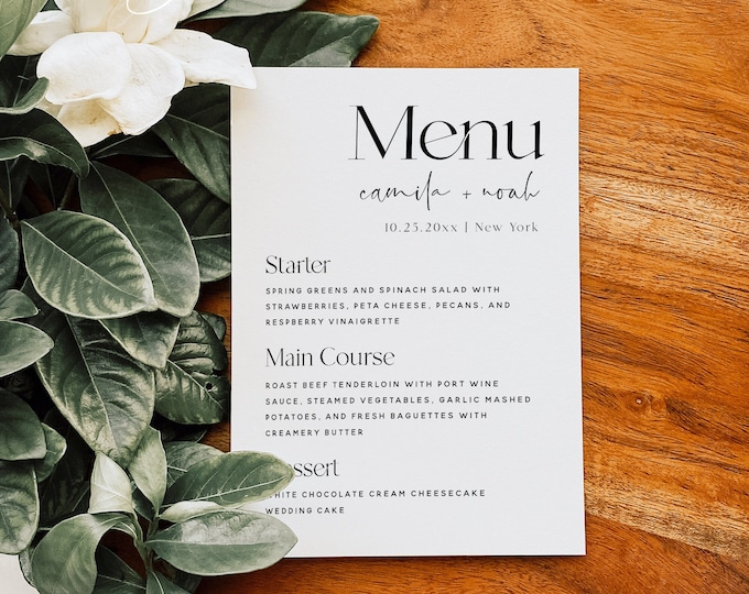 Minimalist Wedding Menu Template, Modern Wedding Menu Cards, Menu Card Template, Wedding Menu Card, Elegant Menu Card, Instant Download, M15