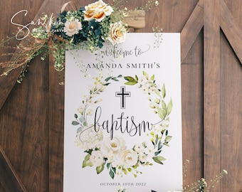 Baptism Welcome Sign Template | Editable Christening Sign | Templett | Floral Cross | Instant Download | Printable | Baby Girl or Boy