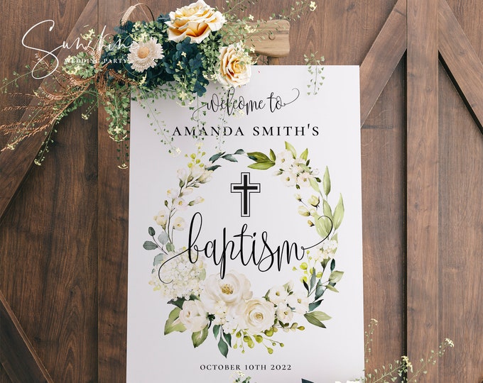 Baptism Welcome Sign Template, Christening Welcome Sign Template, Editable Template, Printable Sign, White Floral Baptism, Instant Download