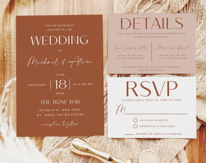 Terracotta Wedding Invitation Kit Template, Minimalist Wedding Invitation Suite, Modern Wedding Invitation Set, Printable Invitation, T1