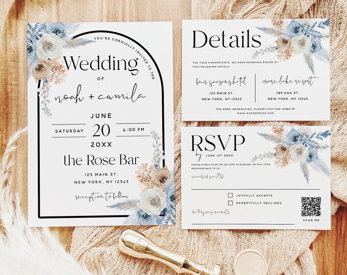 Dusty Blue Champagne Wedding Invitation Kit Template, Invitation Set, Invitation Suite, Bohemian Wedding, Floral Wedding, DIY Editable, F23