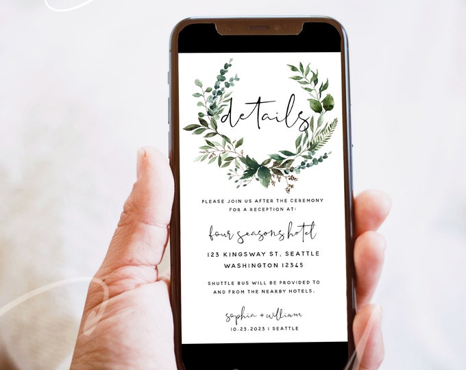 Electronic Wedding Details, Greenery Wedding Digital Accommodation, Text Email Invitation, Wedding Invitation, Instant Download, Templett G5