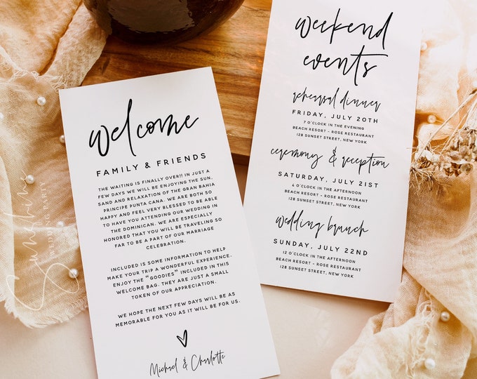 Minimalist Welcome Letter Itinerary Template, Order of Events, Weekend Events, Welcome Bag Note, Modern Wedding, DIY Editable Template, M7