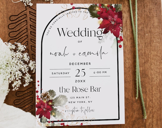 Christmas Wedding Invitation Template, Winter Wedding, Christmas Flower Invitation Template, Printable Invitation, Editable Template, F25