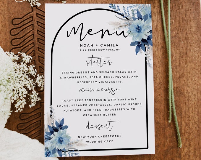Dusty Blue Floral Wedding Menu Template, Wedding Menu Cards, DIY Editable Menu Card Template, Boho Wedding, Menu Card, Instant Download, F20