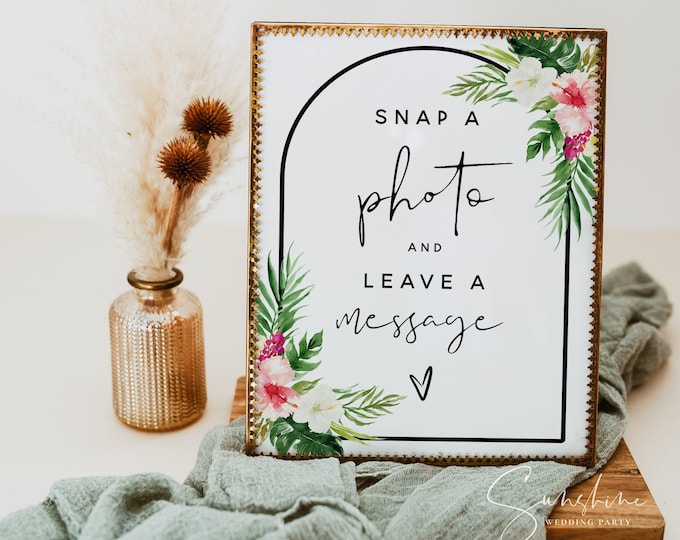 Snap a Photo Leave a Message Sign Template, Hawaiian Wedding, Printable Signs, Wedding Signs, Editable Template, Instant Download, H1