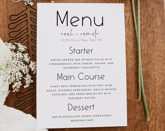 Minimalist Wedding Menu Template, Modern Menu Cards, DIY Editable Menu Card Template, Minimalist Wedding Menu Card, Instant Download, M16