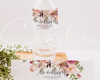 Wedding Water Bottle Label Template, Printable, Marsala Floral Labels, DIY Wedding Label, Instant Download, 100% Editable Text, Templett, F4