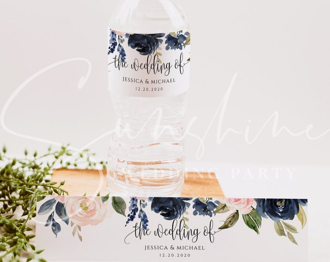 Wedding Water Bottle Label Template, Printable, Navy Blush Floral, DIY Wedding Label, Instant Download, 100% Editable Text, Templett, F6