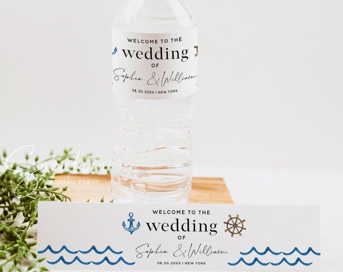 Nautical Wedding Water Bottle Label Template, Water Bottle Labels, Printable DIY Wedding Labels, Editable Template, Instant Download, N2