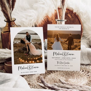 Minimalistische Hochzeitsbogen-Fotoeinladungsvorlage, bearbeitbare minimalistische Hochzeitseinladung, moderne Hochzeitseinladung, Fotohochzeitseinladung, M18