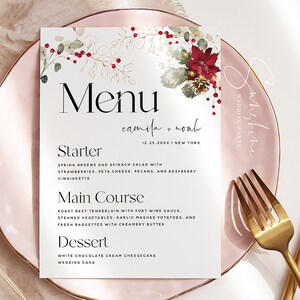 Plantilla de menú de Navidad, tarjetas de menú de cena para bodas, despedidas de soltera, baby shower, bautismo, cumpleaños, menú de bodas, menú imprimible, F25
