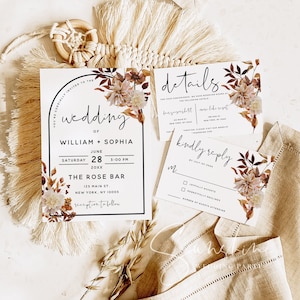 Fall Floral Wedding Invitation Suite Template, Autumn Wedding Invitation Set, Boho Wedding Invites, Wedding Printable, Instant Download, F29