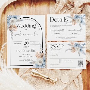 Modèle de kit de faire-part de mariage champagne bleu poussière, faire-part, suite d'invitations, mariage bohème, mariage floral, modifiable DIY, F23