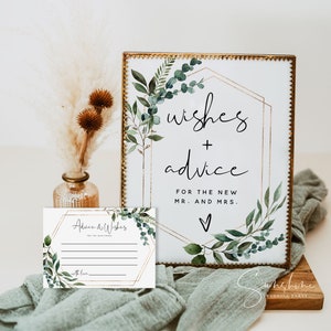 Greenery Rat für die Braut und Bräutigam Schild Vorlage, Rat und Wunsch Karten, moderne Hochzeitsratschlag Wunsch Zeichen, Sofort Download, G5