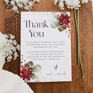 Plantilla de tarjeta de agradecimiento para boda navideña, boda de invierno, carta de agradecimiento, nota de agradecimiento, tarjeta de agradecimiento, plantilla editable, F25