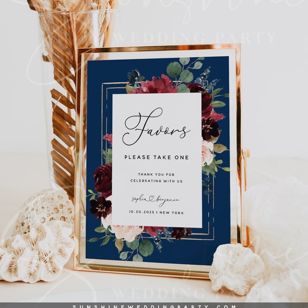 Navy Burgundy Wedding Favors Sign Template, Marsala Floral Favors Sign, Wedding Favours Sign Cards Template, Instant Download, Templett, F17
