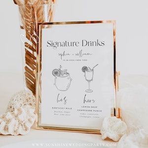 Signature Drink Sign Template, Minimalist Wedding, Modern Wedding, Signature Drink Sign, His and Hers Drink Bar Sign, Editable Template, M15