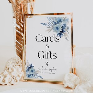 Plantilla de letrero para tarjetas y obsequios de boda en azul polvoriento, letrero para tarjetas y obsequios, boda boho floral, letreros imprimibles, plantilla editable, F20