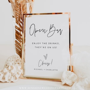 Minimalistisch bord met open bar, modern bord met open bar, bord met open bar bruiloft, bord alcoholdrank, bewerkbare sjabloon, direct downloaden, M7