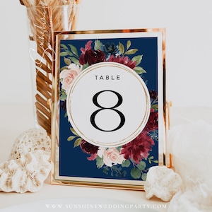 Hochzeit Tischnummer Zeichen, Navy Burgunder Hochzeit, Tischnummer Karten, Boho Hochzeit, Marsala Hochzeit, bearbeitbare Vorlage, F17